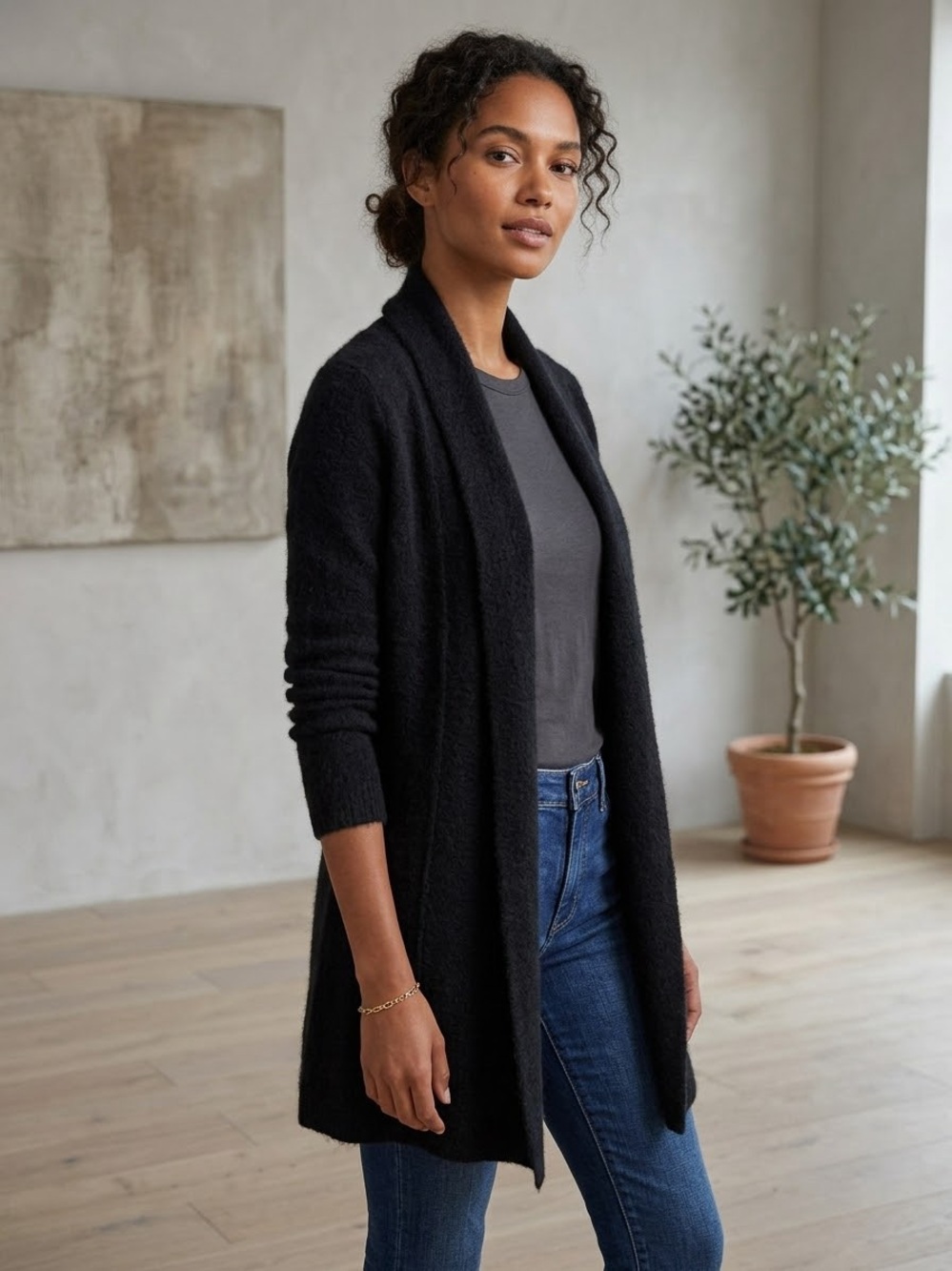 White + Warren Cashmere Trapeze Cardigan Preppy Minimalist Black Medium